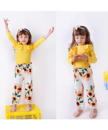OFIMAN Toddler Baby Girl Outfits Set | Ruffle Top, Floral Pants, Bow Headband | 4-5 Years | Long Sleeve | Yellow - Buy Online on GoSupps.com