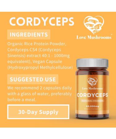 Love Mushrooms Cordyceps Capsules 60,000mg - Energy & Endurance Support Supplement - Organic & Vegan - 60 Capsules - Buy Online on GoSupps.com