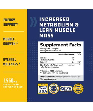 CLA Safflower Oil Supplement - 1560mg Lean Muscle Builder for Men and Women - Natural Pre Workout with Essential Fatty Acids - Buy Online on GoSupps.com
