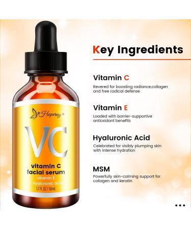 Natural Anti-Aging Facial Serum with Vitamin C, Hyaluronic Acid, and Vitamin E - 1.7 FL OZ/50ml - Buy Online on GoSupps.com