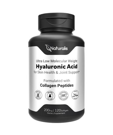 Naturalis Hyaluronic Acid 200mg, 10x Better Absorption Ultra Low Molecular Weight with Collagen, Biotin, Selenium & Vitamin E | Hair, Skin, Nails & Joint Supplements | 120 Softgels 120 Count (Pack of 1)