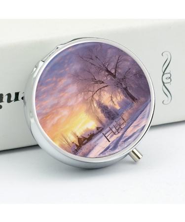 Stylish Round Pill Box with Winter Print | 3 Compartment Metal Pill Organizer | Portable Decorative Pocket Pill Case - Style 32 - Buy Online on GoSupps.com