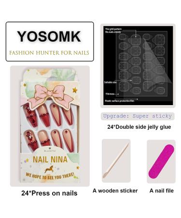 Burgundy French Tip Long Press On Nails with 3D Rhinestones - Red False Fake Acrylic Coffin Nails for Women - Buy Online on GoSupps.com