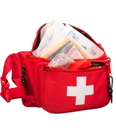 NOVAMEDIC First Aid Fanny Pack Stocked with 75 Piece Emergency Essentials 8x2x6 Waist Bag w/ 3 Zippered Compartments & Adjustable Strap for Lifeguard Hiking Travel Men & Women Durable Red