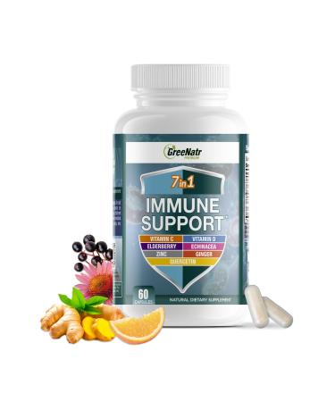 GreeNatr Immune Support Supplement with Vitamin C D3 Zinc 50mg Quercetin Echinacea Purpurea Sambucus Elderberry and Ginger for Complete Immune Defense - 60 Capsules (1 Bottle) 60 Count (Pack of 1)