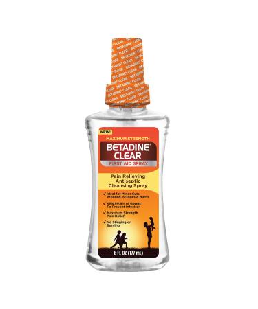 BETADINE Clear First Aid Spray Max Strength Pain Relieving Antiseptic Cleansing Spray No Stinging Kills 99.9% of Germs* Helps Prevent Infections 6 oz Clear 6 Ounce