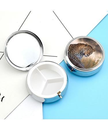 Round Leopard Print Pill Box - 3 Compartment Portable Medicine Organizer | Decorative Metal Pocket Pill Case - Buy Online on GoSupps.com