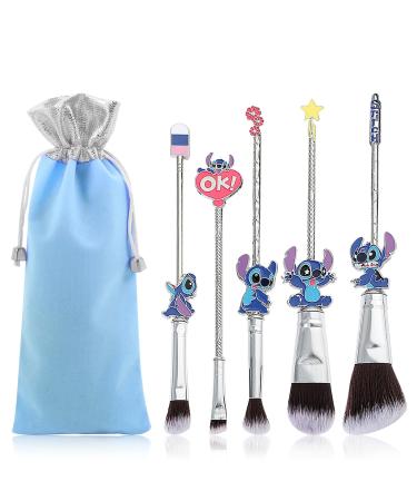 5 Pcs Stitch Makeup Brush Set Lilo and Stitch Gifts Cosmetic Brushes for powder eyeshadow blushes lips Portable Kawaii Makeup Brush Set Stitch Gifts for Girl Women Silver Stitch