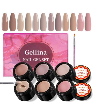 Solid Cream Gel Nail Polish Kit with Nail Brush, 6 Colors Pudding Gel Nude Polish Pots Set LED UV Soak Off Glue Painted Nail Art Design DIY Manicure at Home Salon for Women Nude Color