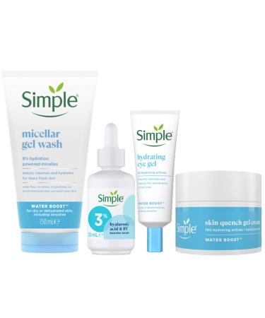 Simple Water Boost Skin Quench Gel Face Cream for Dry Skin 50 ml + Micellar 100% Soap-Free Face Cleanser 150 ml & Hydrating Eye Gel 25 ml & Simple 3% Hyaluronic Acid + B5* Booster Serum Serum 30 ml