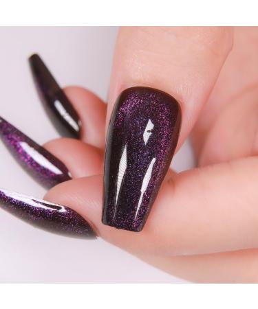Press On Nails - Midnight Purple | Dark Purple Glitter Velvet Nails Medium Coffin Squared Press On Nails with Cat Eye Design for Women and Girls 24 Pcs Reusable Purple Fake Nails
