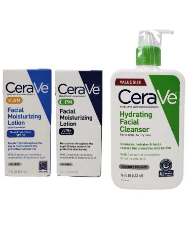 CeraVe Daily Skincare Facial Bundle - Hydrating Facial Cleanser (16 oz)  AM Facial Moisturizing Lotion with Sunscreen (2 oz)  and PM Facial Moisturizing Lotion (2 oz)