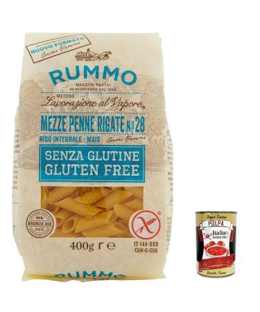 Italian Gourmet E.R. Rummo Pasta Mezze Penne rigate n. 28 senza Glutine gluten-free 100% Italian gluten-free pasta 400 g + Italian Gourmet polpa 400 g