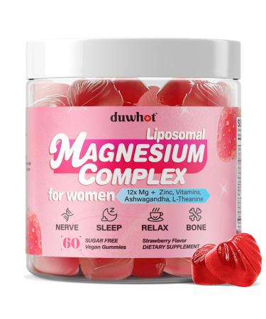 12-in-1 Magnesium Complex Gummies for Women 1000mg Liposomal Magnesium Glycinate Citrate Malate Oxide Supplement with D3 Methylated B6&12 Zinc for Relax Sleep Bone Muscle Health Vegan 60 Chews