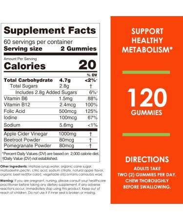 Nature's Key Apple Cider Vinegar Gummies 120 Count ACV Gummy with Folic Vitamin B6 B12 Beetroot & Pomegranate - Vegan Non-GMO & Gluten-Free 120 Count (Pack of 1) - Buy Online on GoSupps.com