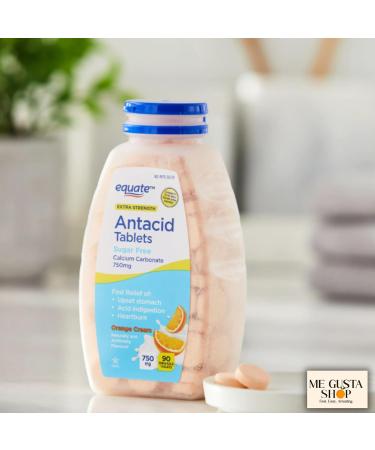 Equate Extra Strength Sugar-Free Antacid Chewable Tablets Orange Cream 750 mg 90 Count + Me Gusta Sticker - Buy Online on GoSupps.com