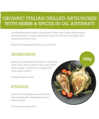 Mr Organic - Organic Grilled Artichoke Antipasti 190g - Non GMO & Preservative Free - Gluten Free & Vegan - Made With Organic Artichokes - Pack of 2 - Buy Online on GoSupps.com