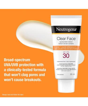 Neutrogena Sunscreen Lotion Clear Face for Acne Prone Skin SPF 30 Water Resistant Non Comedogenic & won't cause breakouts 88 mL - Buy Online on GoSupps.com