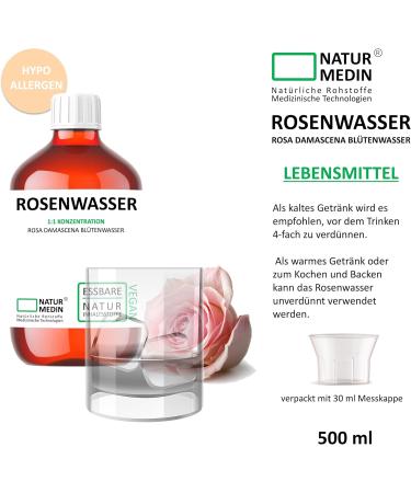 500 ml Food Grade Rose Water - Hypoallergenic & 100% Natural Rosa Damascena | NATURMEDIN - International Shipping Available - Buy Online on GoSupps.com