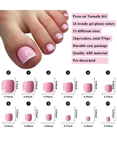 576pc Colored Press on Toenails Short Square Fake Toe Nails - LoveOurHome Glossy Full Cover Artificial False Toenail French Pedicure Decor - 24 Colors for Women & Teens - Buy Online on GoSupps.com