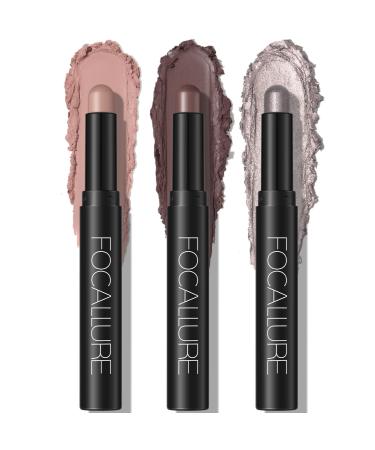 FOCALLURE 3 Pcs Cream Eyeshadow Stick Shimmer Eyeshadow Pencil Crayon High Pigmented Crease-proof Eye Shadow Brightener Stick Sets Long Lasting Waterproof Eye Shadow Highlighter Stick Make up (Numb)