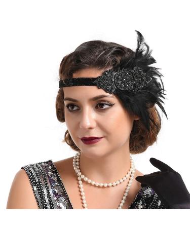 Anglacesmade Bridal 1920s Flapper Feather Headband Crystal Beaded Feather Roaring 20s Headpiece Prom Party Festival Gatsby Hair Jewelry for Women and Girl Black