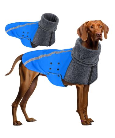 Slowton winter dog coat warm polar trap food dog outdoor jacket with turtleneck scarf reflecting stripes adjustable waterproof windproof outfits for small medium -sized dogs L+ blue