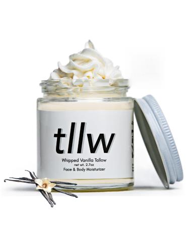 TLLW 100% Grass Fed Beef tallow for face and body Whipped Tallow Balm Moisturizer with Organic Jojoba Oil & Manuka Honey (2.7 oz Vanilla Scented)