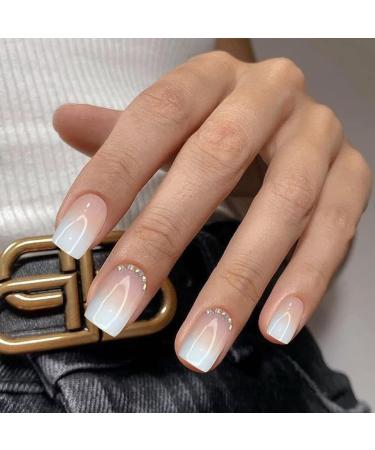 YOSOMK Gradient Nude Rhinestone Short Press on Nails - Glossy Square Fake Nails for Women - Buy Online on GoSupps.com