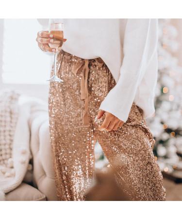 Duohropke High Waist Sequin Pants for Women - Elegant Glitter Party Pants with Elastic Band | Stylish & Comfortable Loose Long Trousers in Gold - Buy Online on GoSupps.com