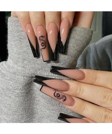 False Nails with Glue Stickers Black Snake Design Glossy Acrylic Long Fake Nails 24PCS White Press On nails Full cover Medium Stick On Nail for Women and Girls No Glue Included (Black dragon)