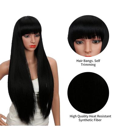 Kalyss 28 Women's Silky Long Straight Black Wig with Bangs - Heat Resistant Synthetic Hair Wig for Women - Black 1B - Buy Online on GoSupps.com