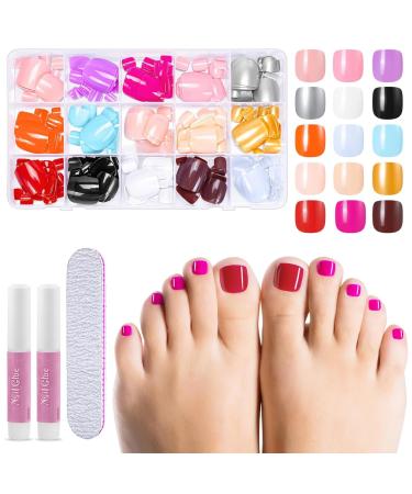 360 Pieces False Toenails Set 15 Colours Toenails French Tips Short Square Full Cover Artificial Press on Toe Nails with 2 Glue and 2 Nail Files for Women Girls Nail Salon and Nail Art DIY