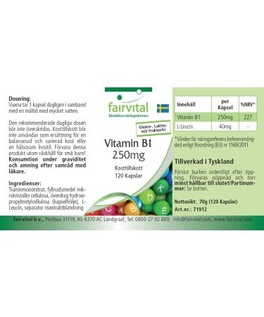 Fairvital | Vitamine B1(Thiamine) 250mg - 120 g lules - qualit contr l e et haute dose - 100% v g talien - Made in Germany - Buy Online on GoSupps.com
