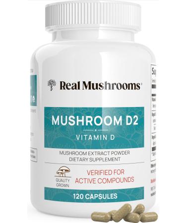 Real Mushrooms Vitamin D2 (120 ct) Vegan Vitamin D Supplements - Organic Vitamin D Vegan Supplement 1000 IU Shiitake & Agaricus Mushroom Complex - Vegan Vitamins for Bone & Muscle Health Energy Mood