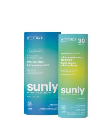 Bundle of ATTITUDE Mineral Face Sunscreen Stick with Zinc Oxide SPF 30 EWG Verified Plastic-Free Unscented 0.7 Oz + After Sun Care Stick Soothes and Hydrates Mint and Cucumber 2 Fl Oz