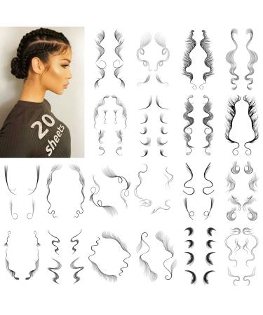Onpep 20 Styles Hair Tattoo Stickers 20Pcs Temporary Tattoos Edges Hairline Lasting Waterproof Makeup Tool for Women Baby Hair Curly Hair Bang Stickers 20 Count (Pack of 1)