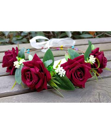 Funsveta Burgundy Rose Floral Crown Wreath Wedding Headband for Women and Girls - Buy Online on GoSupps.com