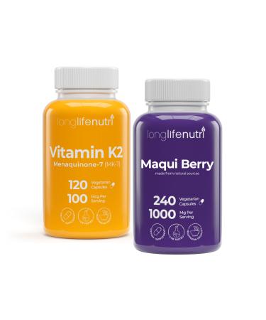 LongLifeNutri Vitamin K2 MK-7 100 mcg & Maqui Berry 1000 mg Bundle 120 Veg Capsules + 240 Veg Capsules 4-Month Supply Bone Circulation & Antioxidant Support Lab Tested Non-GMO Made in USA