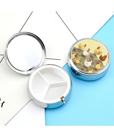 Round Pill Box - Chickens Print 3 Compartment Portable Medicine Organizer Decorative Metal Pocket Pill Case - Buy Online on GoSupps.com