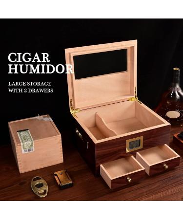 CIGARLOONG Cigar Humidor 35-50 Count Glass Top Large Capacity Cigar Box with Front Hygrometer Humidifier and Accessory Drawer(Brown) - Buy Online on GoSupps.com