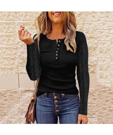 Fitted Women's Long Sleeve Henley Shirt | Slim Fit Ribbed Knit Blouse | Casual Fall T-Shirt in Large Black - Buy Online on GoSupps.com
