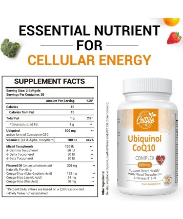 Ubiquinol CoQ10 600mg Softgels - Active Form of CoQ10 Plus Vitamin E & Omega 3 6 9 - Advanced Antioxidant Coenzyme Q10 Supplement for Heart & Brain (60 Count) - Buy Online on GoSupps.com
