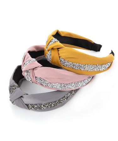 Kalyn 3Pcs Fashion Rhinestone Diamond Headbands - Satin Knot Hair Bands for Women & Girls (Gray, Pink, Yellow) - Buy Online on GoSupps.com