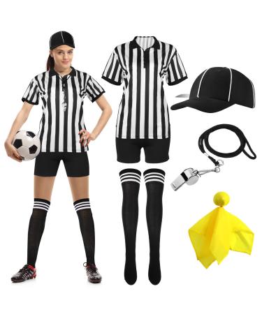 Women Referee Costume Black and White Stripe Ref Shirt Jersey Shorts Referee Hat for Halloween Cosplay Party Small
