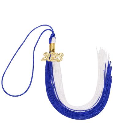 Penta Angel Academic Graduation Tassel with Gold 2023 Year Charm Pendant Handmade Soft Silky Tassel Accessories for Graduate Caps Hats Parties Ceremonies Souvenir Gifts (Blue&White)