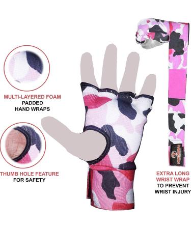 FIGHTSENSE Padded Gel Inner Boxing Gloves with Long Elasticated Hand Wraps - Camo Pink Small (Pair) | For Men and Women - Ideal for Boxing, MMA, Muay Thai, Kickboxing, Martial Arts Training - Buy Online on GoSupps.com
