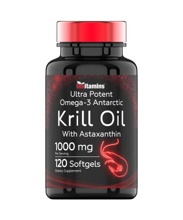 Antarctic Krill Oil 1000mg - 120 Softgels with Astaxanthin | 1000mg Red Krill Oil 200 mg Phospholipids 120 mg EPA 80 mg DHA 200 mcg Astaxanthin | Potent & Pure Omega-3 Cold Water Antarctic Krill