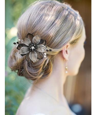 Campsis Flower Bridal Hair Barrette with Black Rhinestones - Handmade Crystal Hair Clip for Wedding, Prom, Bridesmaids - Buy Online on GoSupps.com