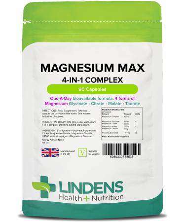 Lindens - Magnesium Max 4-in-1 Complex 90 Caps - 1 a Day UK Made - Muscle Support Bone Health & Energy Boost - Magnesium Glycinate Citrate Malate & Taurate - Letterbox Friendly Vegan